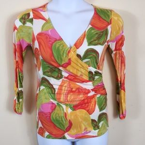 CAbi Floral Long Sleeve Ruched Wrap Top Size M